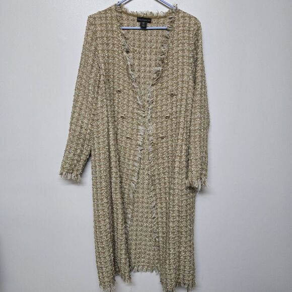 House of Harlow 1960 Gold Knit Shimmer Tweed Open Duster Long Coat‎ S Fringed - Picture 1 of 7